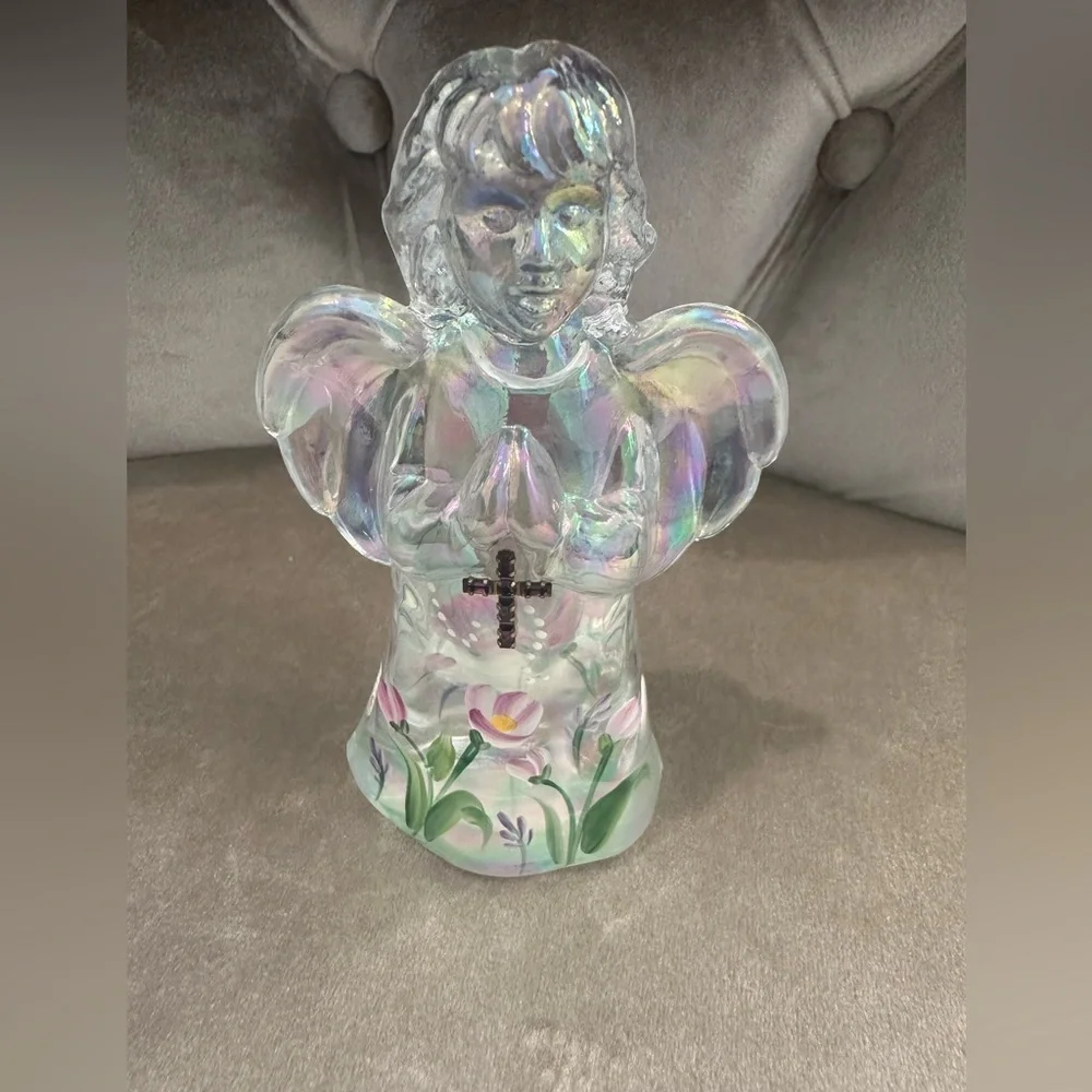 Fenton Angel Iridescent Jewel Cross Hand Painted Flowers 4.75